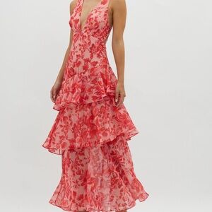 Veda Strappy Back Ruffle Midi Dress Floral Red